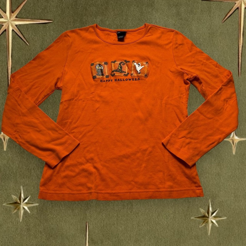Holiday Editions Womens Halloween Long Sleeve Shirt Orange Embroidered Large